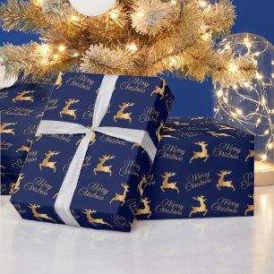 Papel De Presente Renas de Natal Azuis Marinho e Douradas