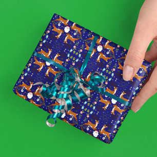 Papel De Presente Renas de Natal Padrão Azul Sem Costura