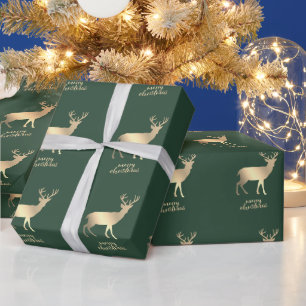 Papel De Presente Renãs Dourados Verde Feliz Natal  