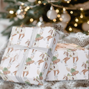 Papel De Presente Renas Gatinho Caprichosas Patinando no Natal
