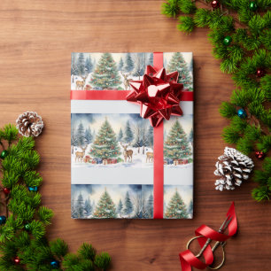 Papel De Presente Renas na Neve com Presentes da Árvore de Natal
