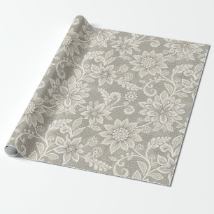 Papel De Presente Renda Falsa Marfim em Cinza Prata Casamento Aposen
