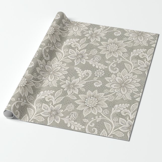 Papel De Presente Renda Falsa Marfim em Cinza Prata Casamento Aposen (Desenrolado)