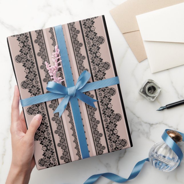 Papel De Presente rendas pretas, trabalho aberto, fundo castanho, be (Presentear)