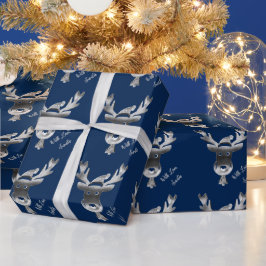 Papel De Presente René de Cinza Azul Moderno, Natal Bonito