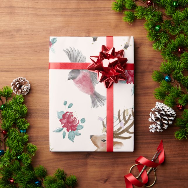 Papel De Presente Reninhas Adoráveis, Pássaros, Flores (Presente de Natal)