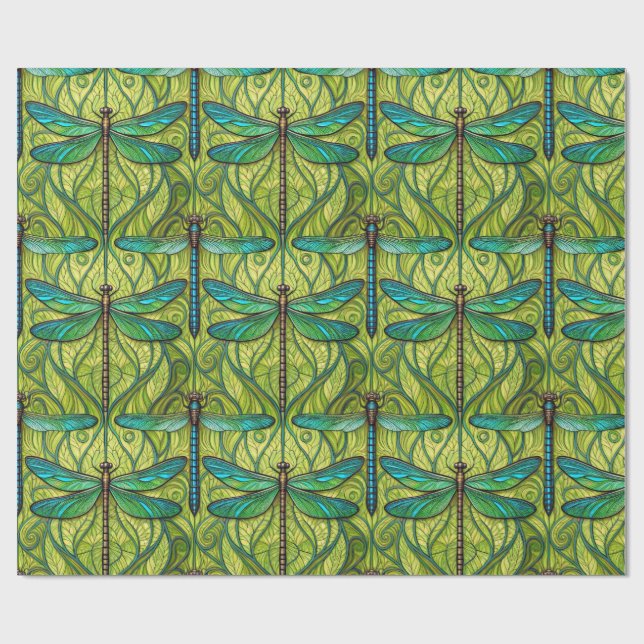 Papel De Presente Repeating dragonfly pattern on green  (Aberto)