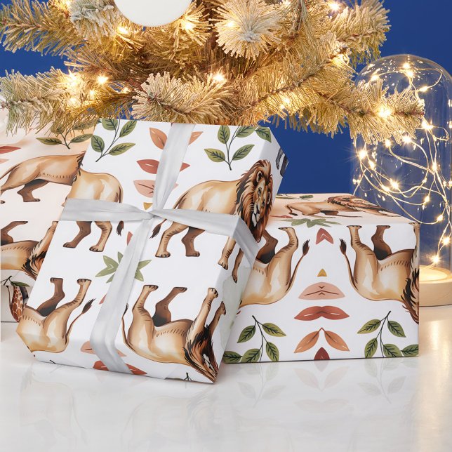 Papel De Presente Repeating pattern of lions, giraffes, and elephant (Criador carregado)