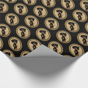 Papel De Presente Retrato Dachshund de Quadro Oval Dourado (preto e