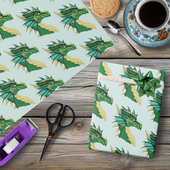 Papel De Presente Retrato de Cabeça de Dragão Verde Esmeralda Fantas (Criador carregado)