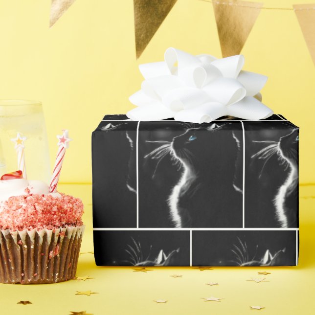 Papel De Presente Retrato de Gato Negro com Olho Azul (Festa de aniversário)