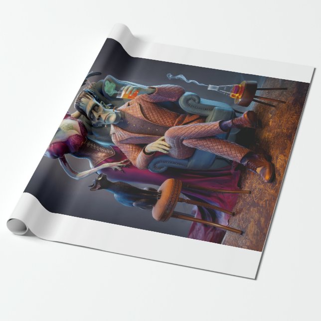 Papel De Presente Retrato de Halloween, Monstro e Sua Noiva (Desenrolado)