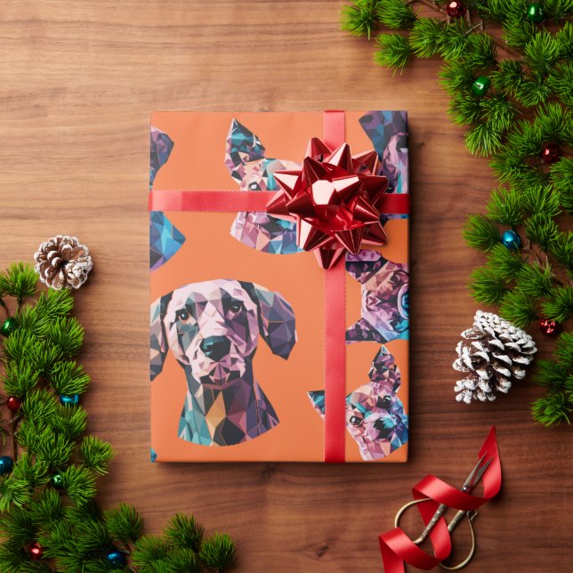 Papel De Presente Retratos Geométricos de Cães em Fundo Laranja (Presente de Natal)