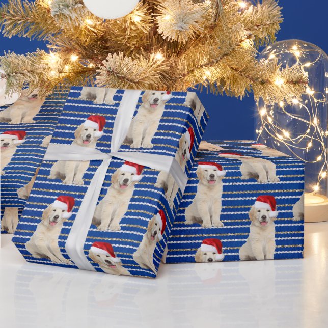 Papel De Presente Retriever Dourado em Listras de Brilho (Feriados)