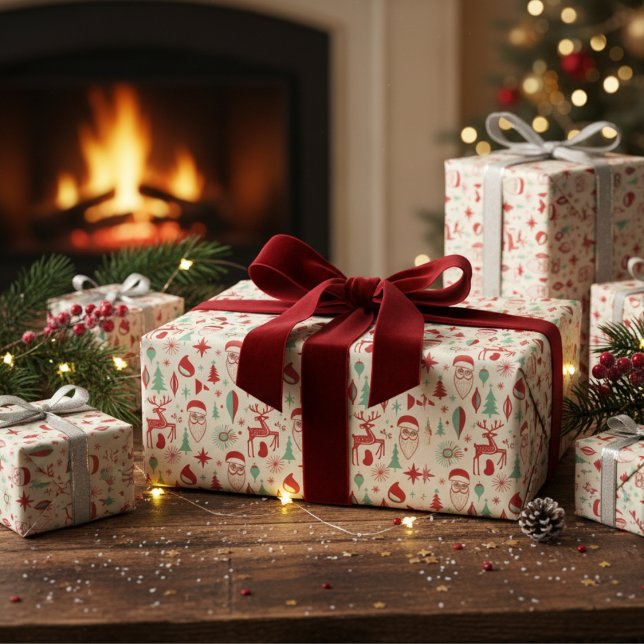 Papel De Presente Retro 1950s Santa & Reindeer Mid-Century Christmas (Criador carregado)