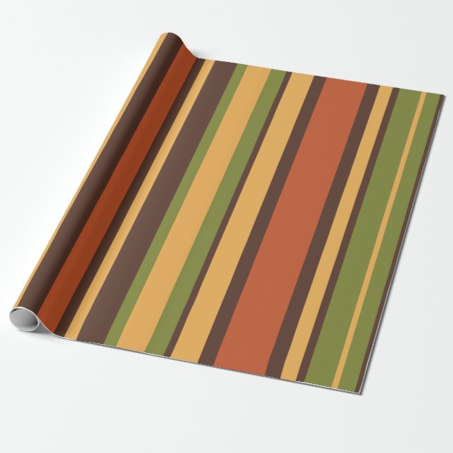 Papel De Presente Retro 70s Stripes Castanho Avocado Laranja Mostard (Desenrolado)