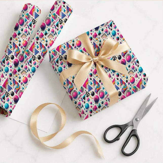 Papel De Presente Retro 90s Memphis Geometric Neon Gift Wrap Paper (Retro 90s Memphis Geometric Neon Gift Wrap Paper)