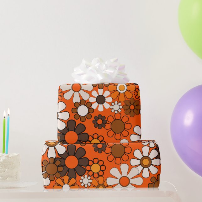 Papel De Presente Retro Aniversário 70s Boho Floral Marrom Laranja (Presentes para festas)