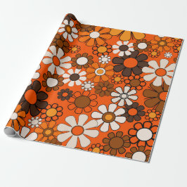 Papel De Presente Retro Aniversário 70s Boho Floral Marrom Laranja