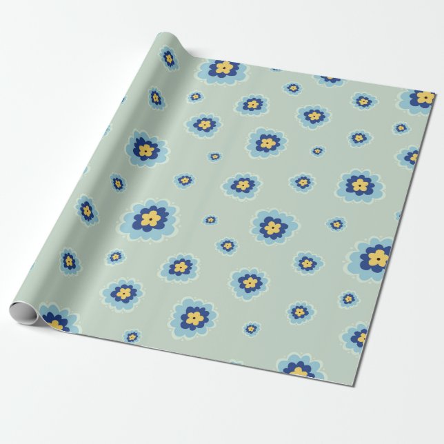 Papel De Presente Retro Blue Floral (Desenrolado)