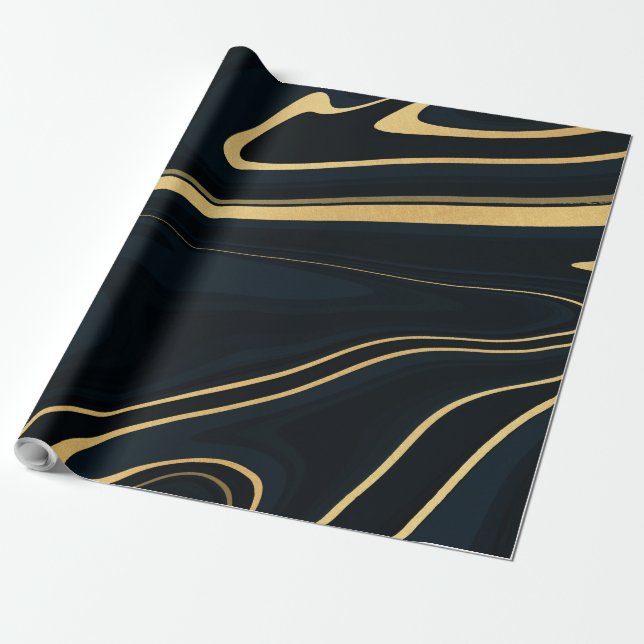 Papel De Presente Retro Blue Gold Swirl Liquid Painting Design (Desenrolado)