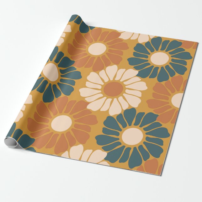 Papel De Presente Retro Boho Ousado Flor de Margarida (Desenrolado)