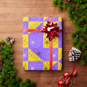 Papel De Presente Retro Boho Roxo & Amarelo Xadrez de Margaridas