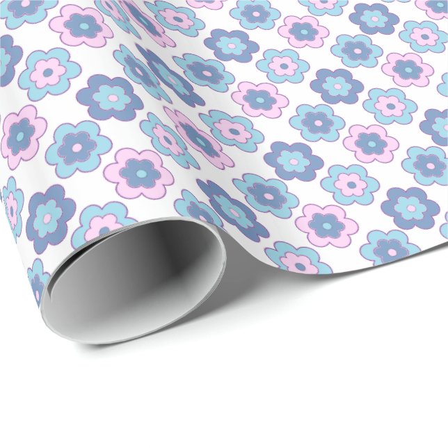 Papel De Presente Retro Bubble Flowers (Pink and Blue) Pattern (Ponta do rolo)