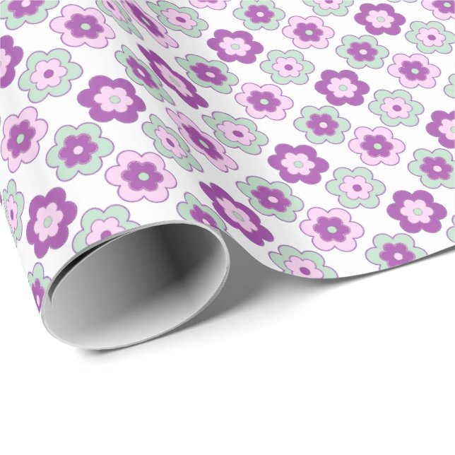 Papel De Presente Retro Bubble Flowers (Purple and Green) Pattern (Ponta do rolo)