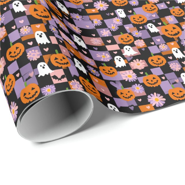 Papel De Presente Retro Checkerboard Halloween Ghosts and Pumpkins (Ponta do rolo)