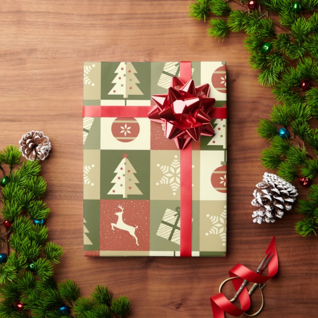 Papel De Presente Retro Checkered Christmas Red and Green  (Presente de Natal)