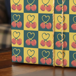 Papel De Presente Retro Cherry Heart Shaped Stems Teal Mustard Check