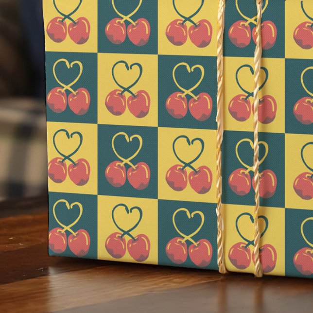 Papel De Presente Retro Cherry Heart Shaped Stems Teal Mustard Check (Retro cherry wrapping paper with heart-shaped stems in teal and mustard for a midcentury vibe.)