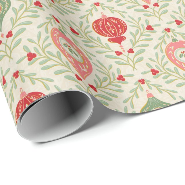 Papel De Presente Retro Christmas Ornament Pink, Red, Green Paper (Ponta do rolo)