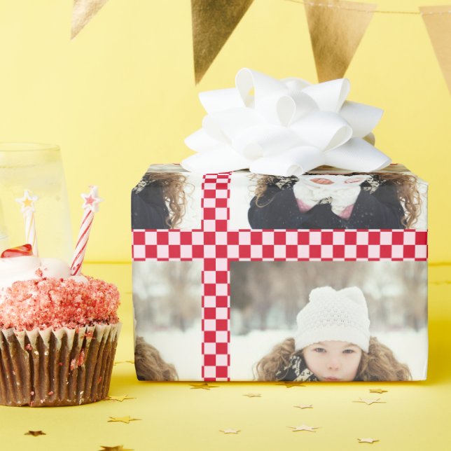 Papel De Presente Retro Christmas Photo Collage Checkerboard Red (Festa de aniversário)
