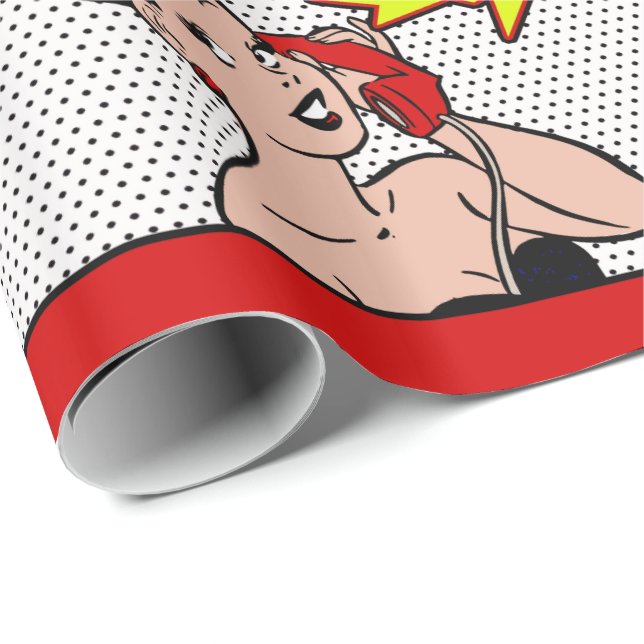 Papel De Presente Retro Comic Woman No Telefone Feliz Aniversário (Ponta do rolo)