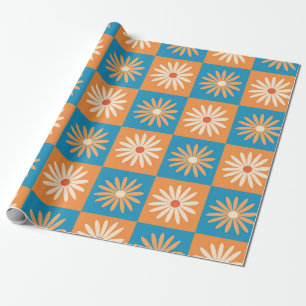 Papel De Presente Retro Daisy em Xadrez Azul e Laranja