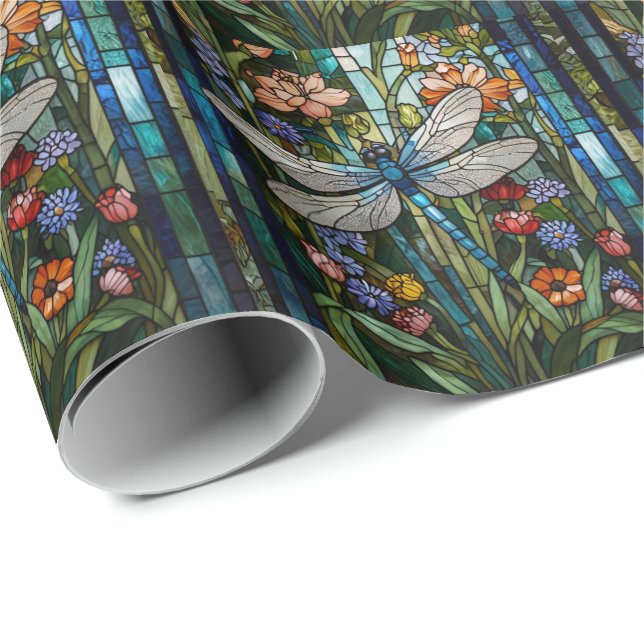 Papel De Presente Retro Dragonfly boho vidro botânico floral (Ponta do rolo)
