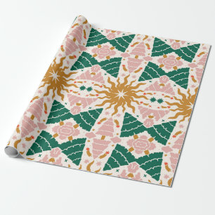 Papel De Presente Retro Festivo Floresta de Natal e Sol Celestial