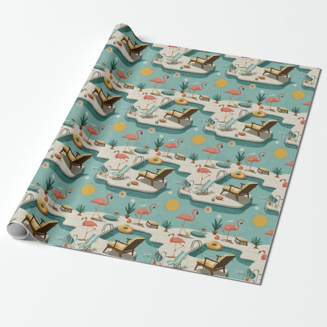 Papel De Presente Retro Flamingo Poolside Summer Pattern (1) (Desenrolado)