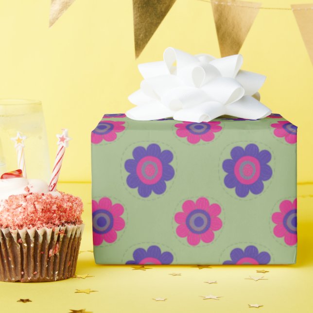Papel De Presente Retro Floral Mid-mod Vibrante Rosa Roxo & Verde (Festa de aniversário)