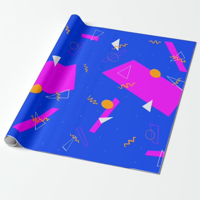 Papel De Presente Retro Geométrico 80s 90s Azul e Neon (Desenrolado)