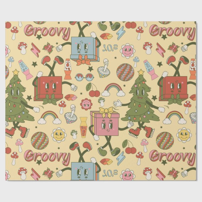 Papel De Presente retro groovy 1970s disco christmas tree (Aberto)