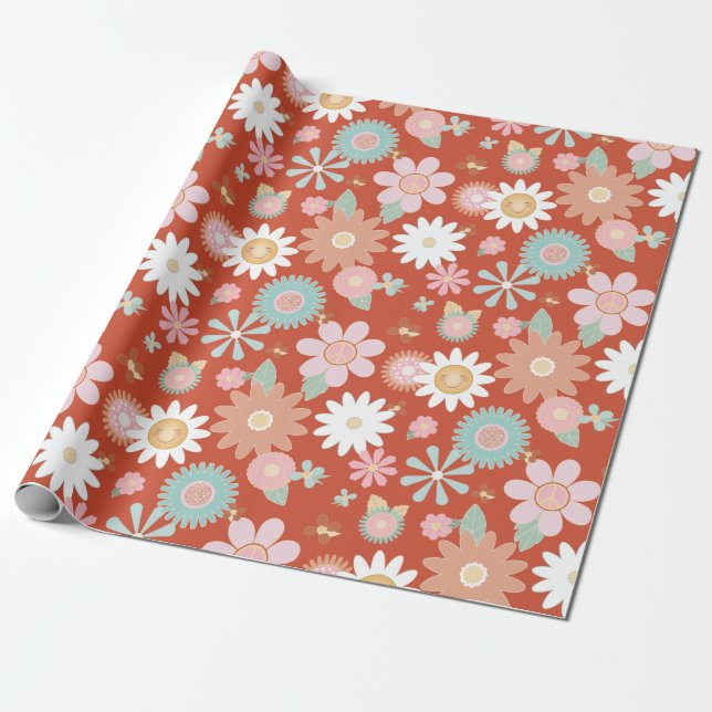 Papel De Presente Retro Hippie 60s 70s Decoupage Flor de Daisy Flowe (Desenrolado)
