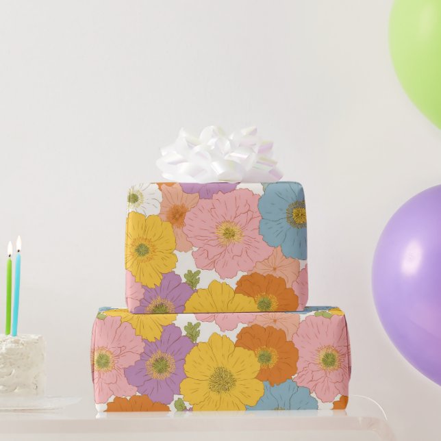 Papel De Presente Retro Hippie Floral Birthday (Presentes para festas)