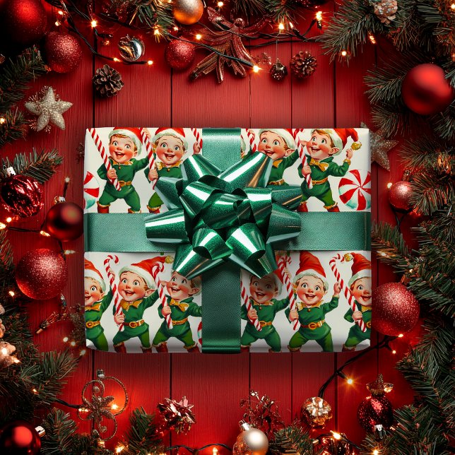 Papel De Presente Retro Holly Jolly Christmas Elves (Criador carregado)