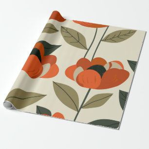 Papel De Presente Retro Laranja Floral Botânico Ousado Anos 70 Vinta