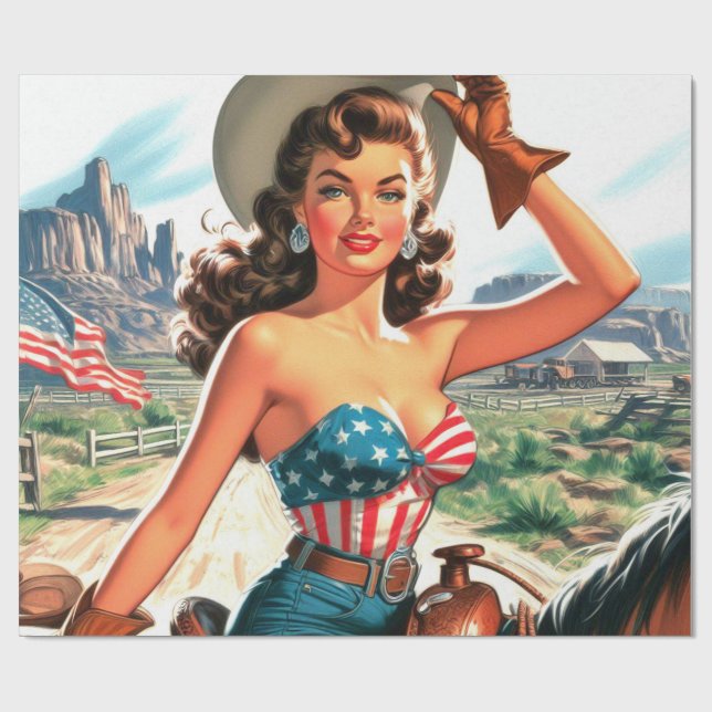 Papel De Presente Retro Linda Cowgirl Pin Up (Aberto)