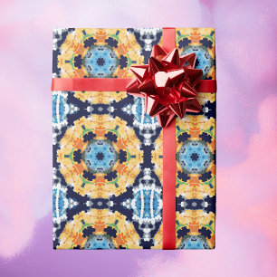 Papel De Presente Retro Mandala Amarelo Azul e Laranja