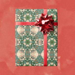 Papel De Presente Retro Mandala Verde Castanho e Laranja